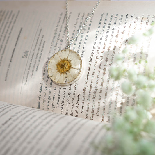 A collection of handmade resin art pendants, showcasing intricate floral designs preserved in clear resin, attached to delicate necklaces.